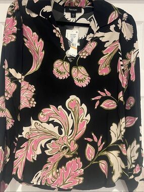 NWT Karen Kane Black Floral V-Neck Blouse with Pink & Cream Accents